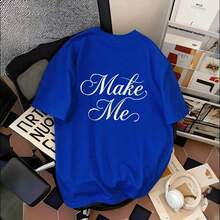 Women's Oversized T-Shirt With Retro Graphic Print, 'Make Me' Typography Design, Casual Everyday Top, Loose Fit, Machine Washable, Stylish Women's Top | Pure Cotton Casual Everyday Top - 藍色 - 查看 8
