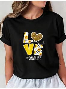 Camiseta Estampada para Mujer - Camiseta Casual de Manga Corta y Cuello Redondo en Negro con Gráfico Colorido. Con un Corte Relajado para Todas las Estaciones, la Elección Perfecta Tanto para el Uso Diario como para tus Atuendos de Vacaciones (Lavable aáquina) - Combínala con Pantalones deándal Grises para un Look Cómodo y Estiloso sobre Fondo Blanco. - Negro - Ver 6