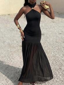 Women's Brown Halter Maxi Dress | Metal Buckle Ruched Waist Ruffle Hem Party Dress - Black - View 2