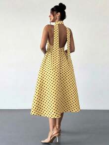 High-Waisted Midi Dress With A V-Neck And Open Back, In A Vintage French Polka Dot Style, Suitable For Valentine's Day, Concerts, Performances, Dates, Banquets, Weddings, Sexy, Elegant, Back To School, Vacation, Beach, Romantic - 黃色 - 查看 5
