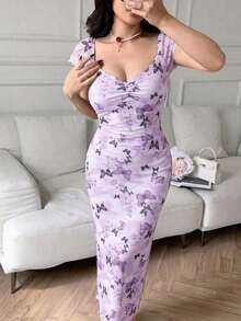 Vestido ajustado con estampado floral casual para mujeres, vestidos casuales para cumpleaños, ropa de mujer, vestidos de verano para el trabajo, vestido de graduación, vestidos elegantes para mujeres - Púrpura malva - Ver 5