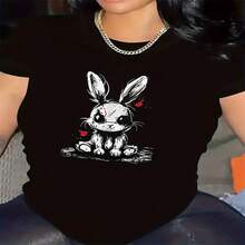 Camiseta de poliéster de manga corta con bonito Diseño de conejito para uso en casa, duradera y cómoda, ideal para sala de estar o comedor, tela suave, prenda superior elegante y ligera para uso diario S-XXXL - Negro - Ver 1