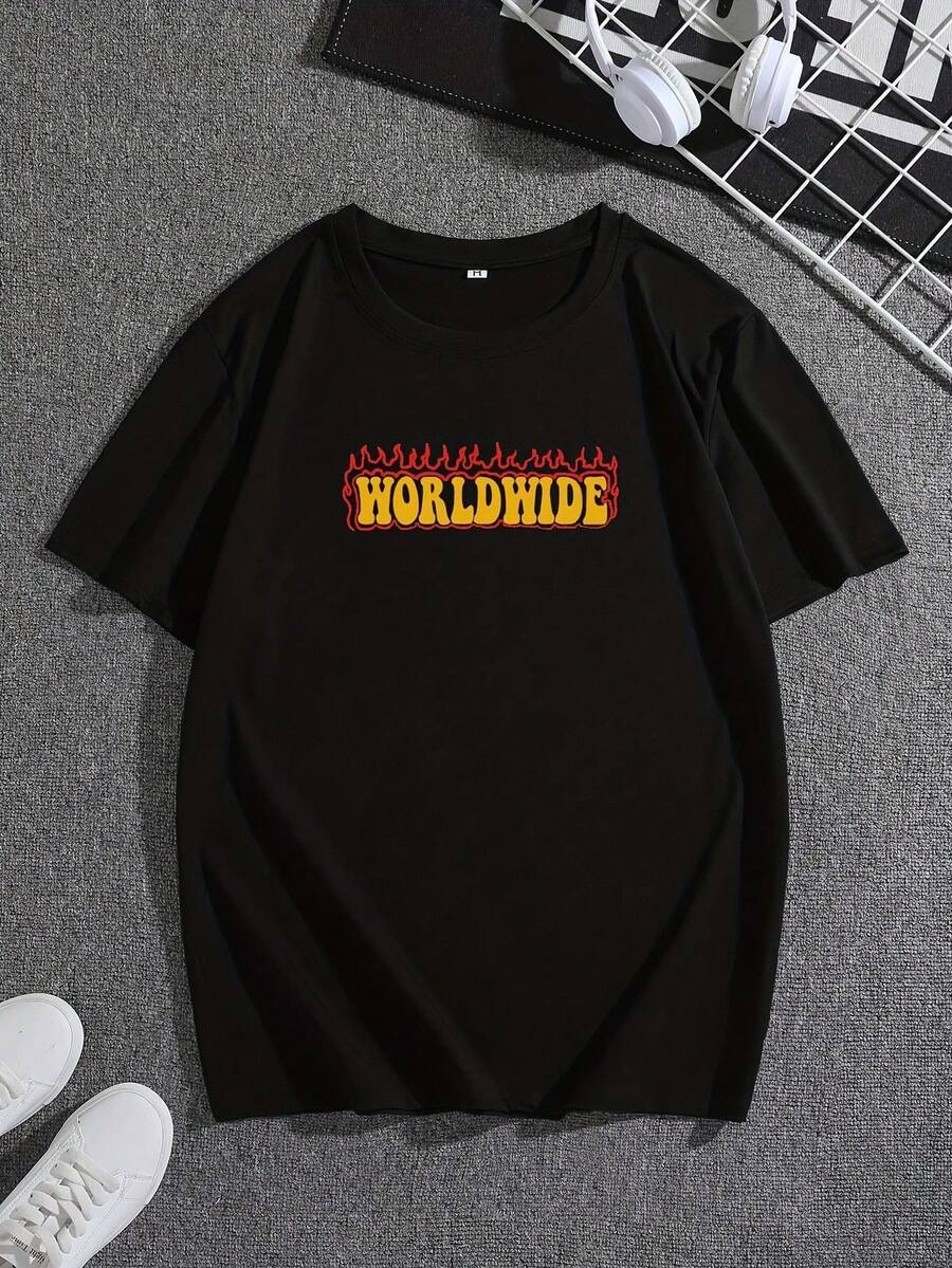 Men's Short-Sleeved T-Shirt With Fire Letter Print - Black - View 1
