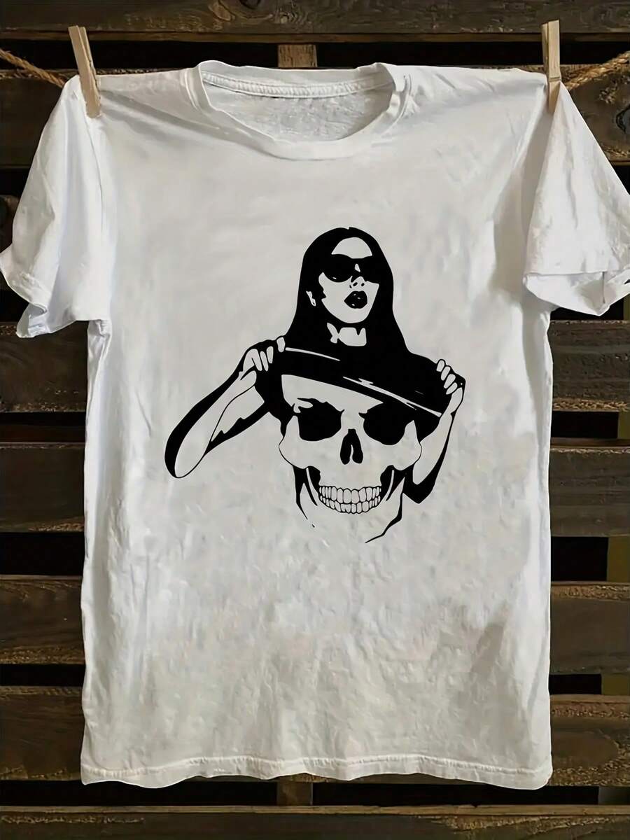 Camiseta unisex, para hombre Grande & Alto Negro & Blanco Retro Pin-Up & Cráneo Cap Gráfico Tee - Cómodo Tripulación Cuello Corto Manga, Flexible Para todas las estaciones Material, Informal Ropa urbana & Temático Fiesta Attire,ropa de mujer blusas para dama casuales camisas de mujer blusa blusas para mujer camisas,Daily casual Conjunto, Regular Ajuste, Diario Coincidencia, Gráfico Estampado, Deportivo casual - Blanco - Ver 1