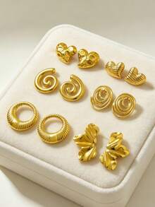 12 Pieces / 6 Pairs Of Summer Beach Vacation Accessories. Elegant Gold Stud Earrings Set, Including Threaded Hoop Earrings, Pleated Leaf Earrings, Spiral Vortex Earrings, Horizontal Striped Heart Earrings, Hammer Pattern Heart Earrings, Multi-Layer Hoop Earrings. 18K Gold-Plated 304 Stainless Steel Hypoallergenic Earrings - Stainless Steel Set - View 5
