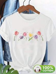 Camiseta de manga corta 100% naranja para mujer de Bohemio con estampado floral de tulipanes coloridos - Top casual de verano con cuello redondo suave, diseño floral vibrante de primavera/verano, camiseta de algodón lavable a máquina para un ajuste cómodo diario. - Negro - Ver 1