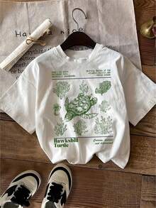 Viscose T-Shirt With Turtle Graphic, 1 Piece, Casual Viscose T-Shirt - Turtle Graphic Print, Crew Neck, Short Sleeve, Medium Stretch Knit Fabric, Regular Fit - 黑色 - 查看 6