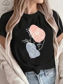 Women's T-Shirt - Casual Short Sleeve T-Shirt For Women - 100% Cotton, Minimalist Design With Floral Art And Color Blocks, Round Neck, Regular Fit, Machine Washable, Spring Summer Top, Ladies' T-Shirts, Relaxed Fit Shirt, High Quality Print, Women's Night Out T-Shirts - 黑色 - 查看 8
