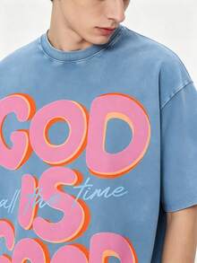 Men's God Is Good Distressed Graphic Tee, Oversized Crew Neck Short Sleeve Vintage Wash T-Shirt, Unisex Boyfriend Fit - 淺藍色 - 查看 2
