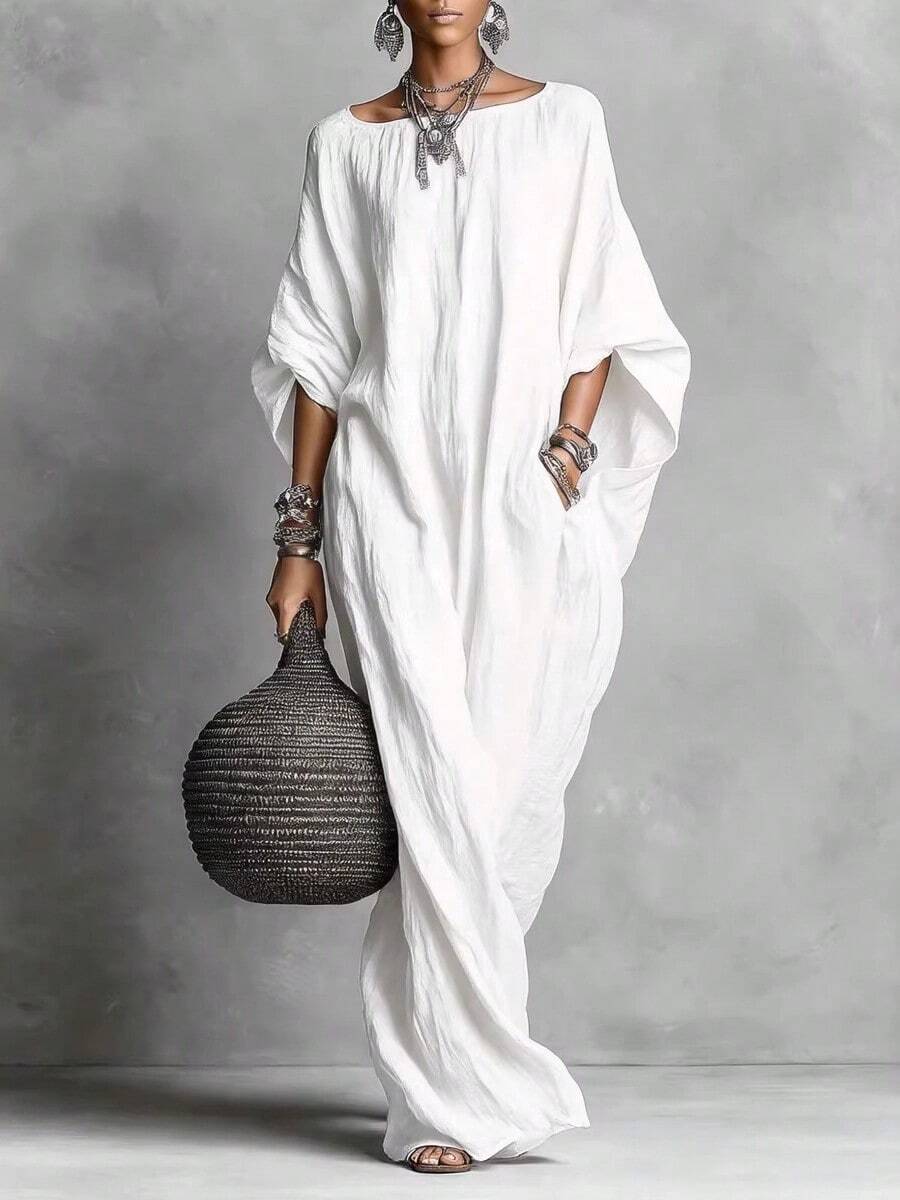 Elegant Solid Color Casual Maxi Dress, European American Retro Style 2026, Women's Long Sleeve Off-Shoulder - 白色 - 查看 1