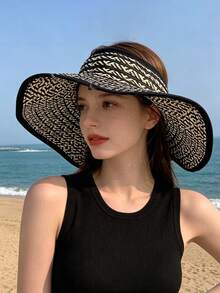 1 pièce Chapeau visière en paille de style à la mode pour femmes, chapeau de plage et de soleil, chapeau d'extérieur polyvalent et confortable, accessoire indispensable pour les voyages, les vacances, les fêtes de plage et les sorties quotidiennes - Multicolore - Voir 3