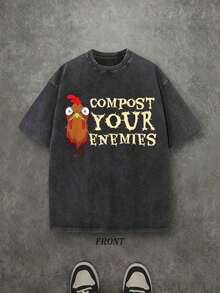 Unisex Washed T-Shirt "Compost Your Enemies", Funny Chicken Design T-Shirt, Vintage Retro Washed T-Shirt With One-Sided Print (230 G/M² Pure Cotton T-Shirt), High Quality T-Shirt, Perfect Gifts, Men's And Women's T-Shirts, Comfortable, Fashionable T-Shirt, Pure Cotton Urban Style T-Shirt For Autumn - 黑色 - 查看 8