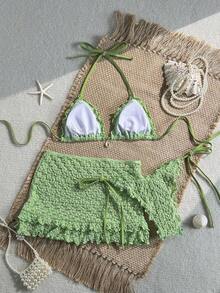 Swim Mod Conjunto de 3 piezas, top de bikini halter triángulo con textura floral de unicolor, decoración de perlas y conchas, Bottom con lazos laterales y falda con volantes, conjunto de traje de baño sexy para vacaciones de primavera/verano - verde menta - Ver 2