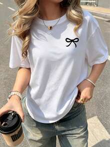 Camiseta de verano sencilla para mujer, de manga corta y cuello redondo, corte regular, estampado único, versátil y elegante para el día a día. - Blanco - Ver 1