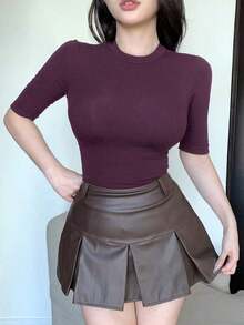 Camiseta casual de verano para mujer con cuello alto, manga corta, ajustada y envolvente, de uso versátil, ropa de vuelta al colegio - Rojo violeta - Ver 4