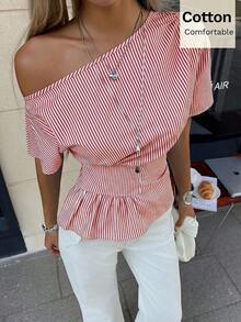 Camisa de mujer de algodón con rayas a la cintura, nueva llegada de primavera/verano - Rojo y blanco - Ver 4
