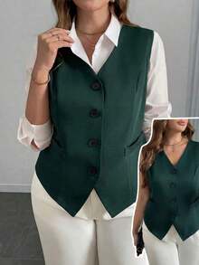 elegante de talla grande de un solo botonadura y ajustado, negro - Verde Oscuro - Ver 1