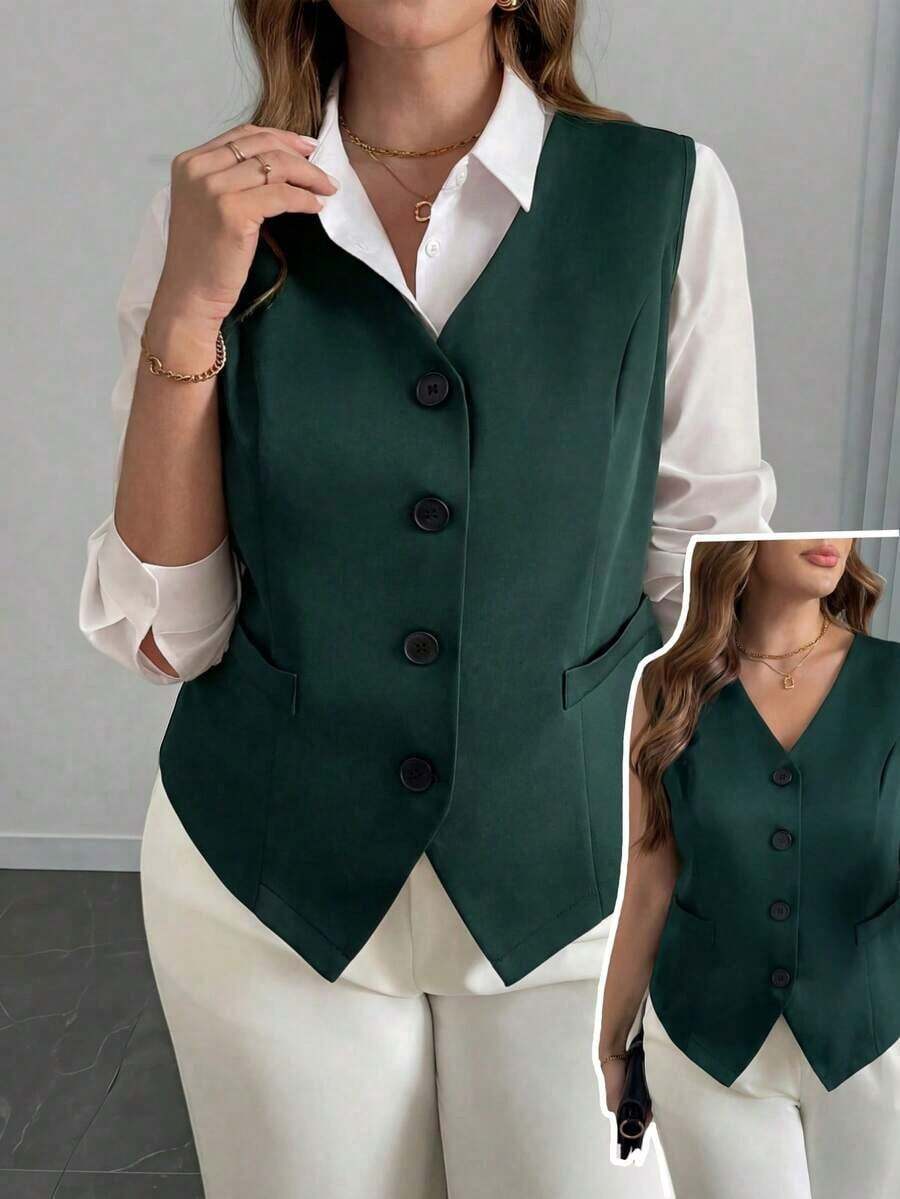 elegante de talla grande de un solo botonadura y ajustado, negro - Verde Oscuro - Ver 1