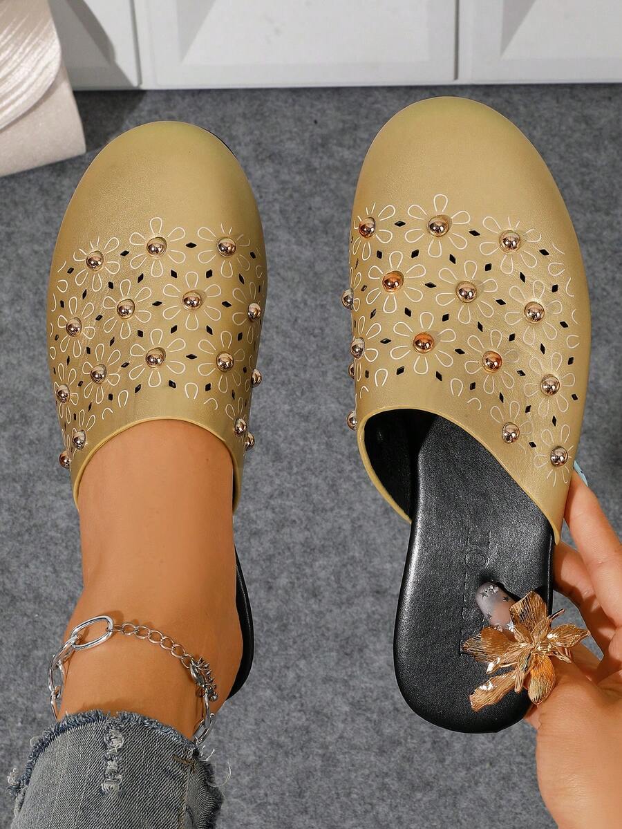 Vintage Rivet Backless Mules Women Shoes, Flat Slip-On Punk Style Comfortable Versatile Outdoor Slippers
