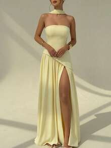 Elegant Solid Color Spaghetti Strap Wedding Dress - Yellow - View 7
