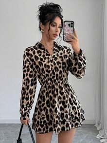 Vestido casual y elegante de manga larga con volantes y estampado de leopardo para mujer - Cafetería - Ver 6