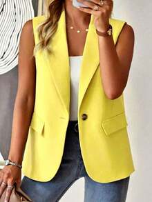 informal sin mangas con cuello francés y botones de unicolor para mujer de talla grande - Amarillo - Ver 1