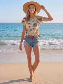Camisa casual de mujer con patrón floral retro y cuello redondo, adecuada para el verano y para salir, blusas elegantes para mujer, casual - Multicolor - Ver 5