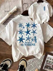 Nueva Camiseta Casual de Verano de 1 Pieza, 2026, para Mujer, con Estampado de Letras y Estrellas de Mar, Cuello Redondo, Manga Corta, Tops de Verano, Ropa 100% Algodón para Mujer, Tops de Verano, Conjuntos de Playa para Mujer - Camiseta Vintage de Estilo Urbano Unisex, Holgada, de Algodón, Manga Corta y Cuello Redondo - Blanco - Ver 1
