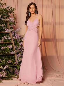 Vestido de dama de honor elegante con tirantes finos y corte calado para el verano - Rosa Pálido - Ver 1