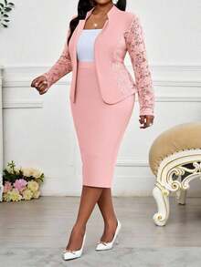 Lady Traje elegante de blazer y vestido de manga larga con cuello de solapa y encaje en contraste para mujer de talla grande - Rosa - Ver 4