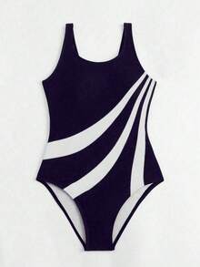 Traje de baño de una pieza sencillo de bloques de color para uso diario de mujer en verano - Azul marino - Ver 6