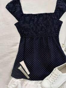 Blusa de mujer con cuello cuadrado y cintura ceñida, de manga corta - Azul marino - Ver 5