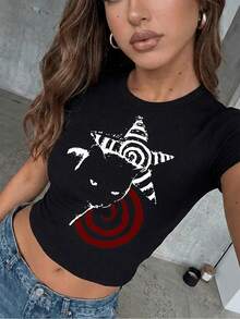 Playera corta juvenil estilo Y2K grunge, tela suave y muy cómoda, ajustada al cuerpo, estampado de gato negro y estrellas, ideal para verano, look streetwear casual para uso diario 1XMP - Negro - Ver 1
