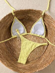 Bikinx Bộ bikini hai dây nữ kiểu dáng thường ngày dễ thương, quần bikini xẻ cao in họa tiết, đồ bơi buộc dây hở lưng, thích hợp cho kỳ nghỉ. - Vàng nhạt - Xem 6