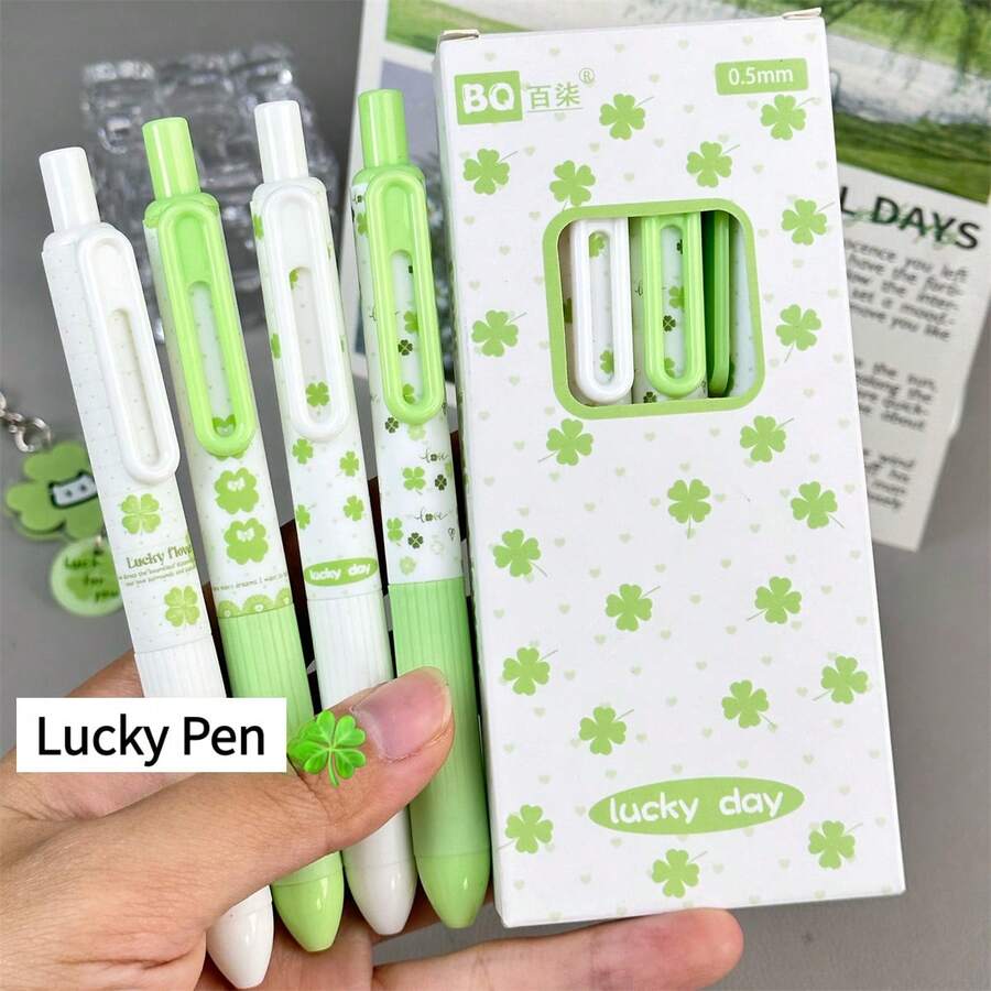 4 cây bút bi ngòi rút hình sao & cỏ bốn lá, ngòi 0.5mm, mực đen, trang trí cỏ bốn lá, văn phòng phẩm, quà tặng tựu trường, bút viết nhật ký