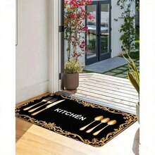 Luxury Golden Cutlery Pattern Kitchen Rug - Black Non-Slip Washable Floor Mat With Gold Floral Border, Decorative Long Runner Rug For Kitchen Countertop, Entryway, Dining Room, Perfect For Home D - Multicolor - View 7