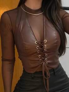 Women's Corset In Faux Leather With Front Lacing - Rust Brown - View 2