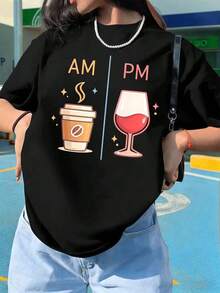 Vintage CoffeeWineGraphic Women's T-Shirt, Premium Fabric, Urban Hip-Hop Style, Comfortable, Durable, Artistic Print. - 黑色 - 查看 1