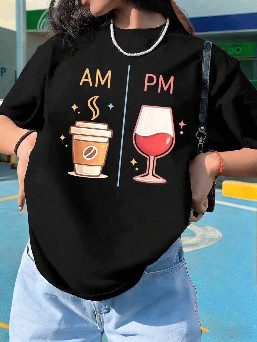 Vintage CoffeeWineGraphic Women's T-Shirt, Premium Fabric, Urban Hip-Hop Style, Comfortable, Durable, Artistic Print. - 黑色 - 查看 1