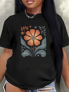 Lightweight And Durable Polyester Short-Sleeved T-Shirt With An Orange Floral Print, Suitable For Home, Restaurants, Or Casual Outdoor Wear; Comfortable And Fitted For Everyday Use. Women's Blouses > Clothing - 黑色 - 查看 1