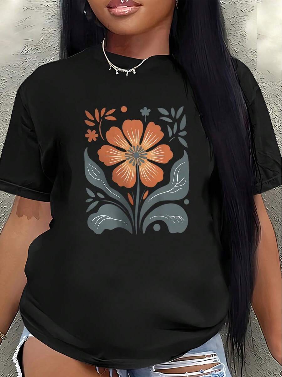 Lightweight And Durable Polyester Short-Sleeved T-Shirt With An Orange Floral Print, Suitable For Home, Restaurants, Or Casual Outdoor Wear; Comfortable And Fitted For Everyday Use. Women's Blouses > Clothing - 黑色 - 查看 1