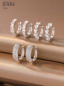 Hihho Set de 6 piezas de aretes de lujo, con diseños de corazón, cadena de diamante de imitación, patchwork geométrico, silueta minimalista con detalles brillantes, versátil para ir al trabajo, ocasiones sociales ligeras y el trayecto - Plateado - Ver 7