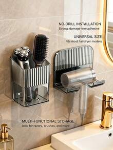 2er Set Badezimmer Aufbewahrungsregal - Bohrloser Haartrockner Halter, Rasierer Aufbewahrungsregal, Wandmontiertes platzsparendes PET Material Badezimmer Haartrockner Regal, mit Kleberückseite Installation (kein Bohren erforderlich) -- Geeignet für Heim- und Salongebrauch, schnell nasses Haar nach dem Duschen trocknen - Übersicht 5
