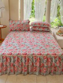 Juego de 3 piezas de falda de cama (1 falda de cama + 2 fundas de almohada), para todas las estaciones, en varios estilos de tamaño, adecuado para el juego de ropa de cama del dormitorio - Rosa Roja - Ver 7
