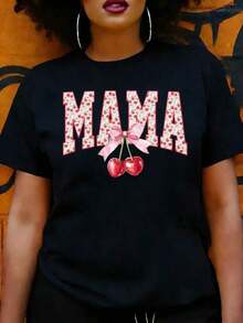 Fashionable Casual T-Shirt For Women With Cherry Print, Summer And Spring Gift For Mom - 黑色 - 查看 1