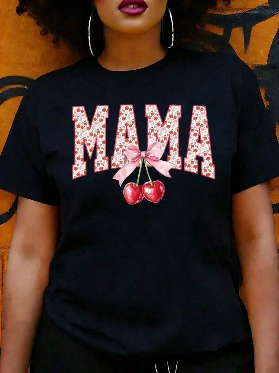 Fashionable Casual T-Shirt For Women With Cherry Print, Summer And Spring Gift For Mom - 黑色 - 查看 1
