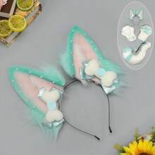 Plush Fox Ears Headband & Tail & Paw Gloves Set, Multi-Color Cosplay Costume Accessories For Halloween & Parties - 黑色狐狸頭帶 - 查看 8