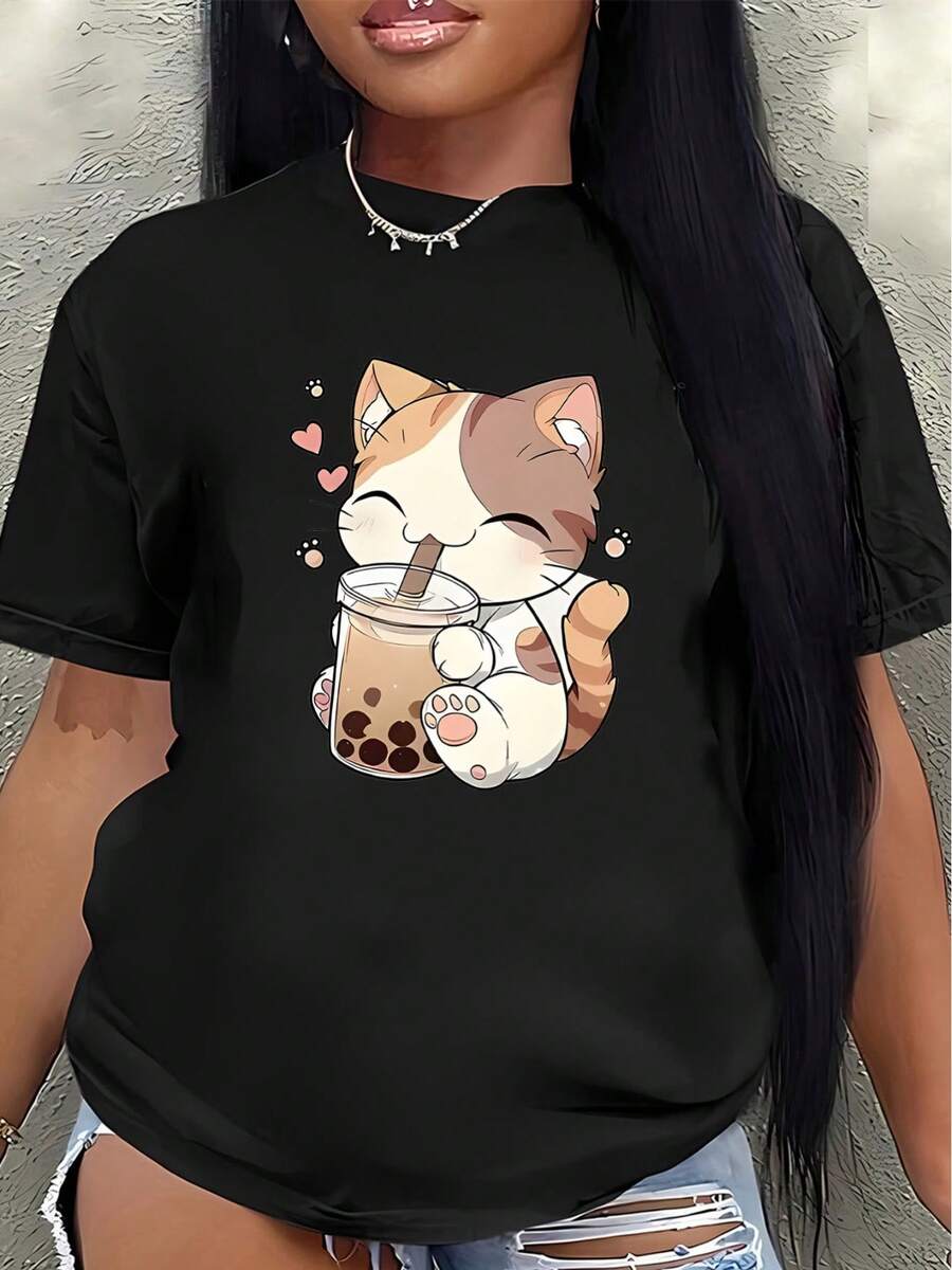 Camiseta de manga corta, ligera y duradera, con un diseño de un lindo gato disfrutando de un té con leche, perfecta para descansar en casa o para una salida informal a una cafetería, garantizando comodidad en la cocina o la sala de estar todos los días. blusas para mujer>ropa - Negro - Ver 1