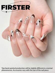 10 pièces Faux ongles courts de forme amande faits à la main, style d'été, série de couleurs café au lait nude, art des ongles à carreaux, nœud, étoile et pois, texture brillante, ongles acryliques réutilisables convenant pour un port quotidien - Multicolore - Voir 2