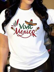 Camiseta de manga corta con cuello redondo y estampado para mujer Viva México Sombrero Maracas Cactus Bandera S-3XL moda, cómodo y transpirable unio lavable a máquina - Blanco - Ver 2